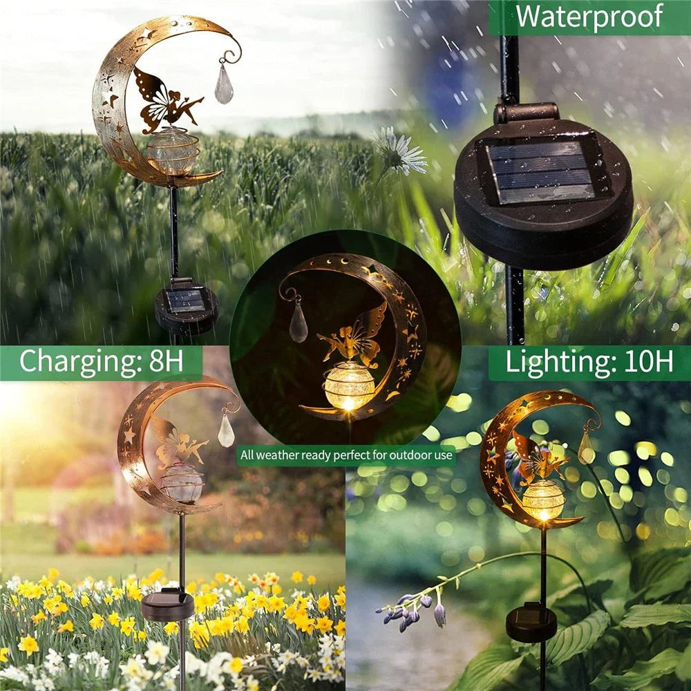 Decorative solar-powered garden light with a fairy and moon design, providing enchanting illumination for pathways, patios, and lawns.
