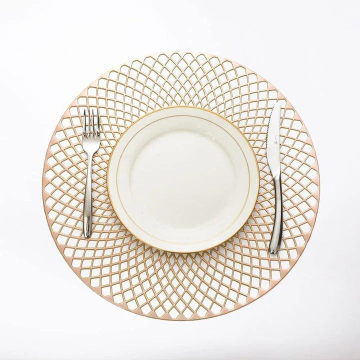 Elegant floral-patterned PVC dining table coaster in a contemporary setting, protecting a wooden table surface