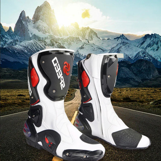 Durable all-weather motorcycle boots with microfiber leather, carbon fibre reinforcements, and shock-absorbing sole for versatile protection and style