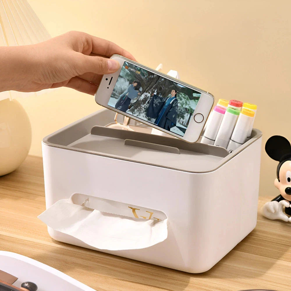 Elegant Tissue Holder and Desk Organiser - a multifunctional product that combines a tissue box with storage compartments for a tidy and stylish workspace or living area