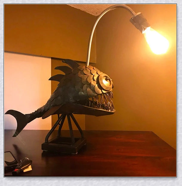 Handcrafted Steampunk Angler Fish Lamp with a warm, soothing glow for desk or office decor