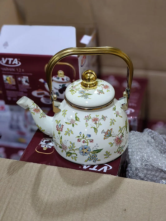 Elegant enamel outdoor kettle with a 1200 ml capacity, designed for brewing tea in style