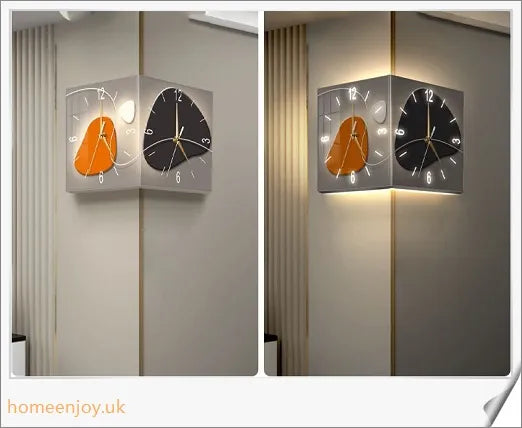 Elegant double-sided corner wall clock with acrylic construction and aluminium hands, providing a modern and minimalist aesthetic for British homes.
