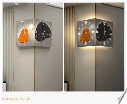 Elegant double-sided corner wall clock with acrylic construction and aluminium hands, providing a modern and minimalist aesthetic for British homes.