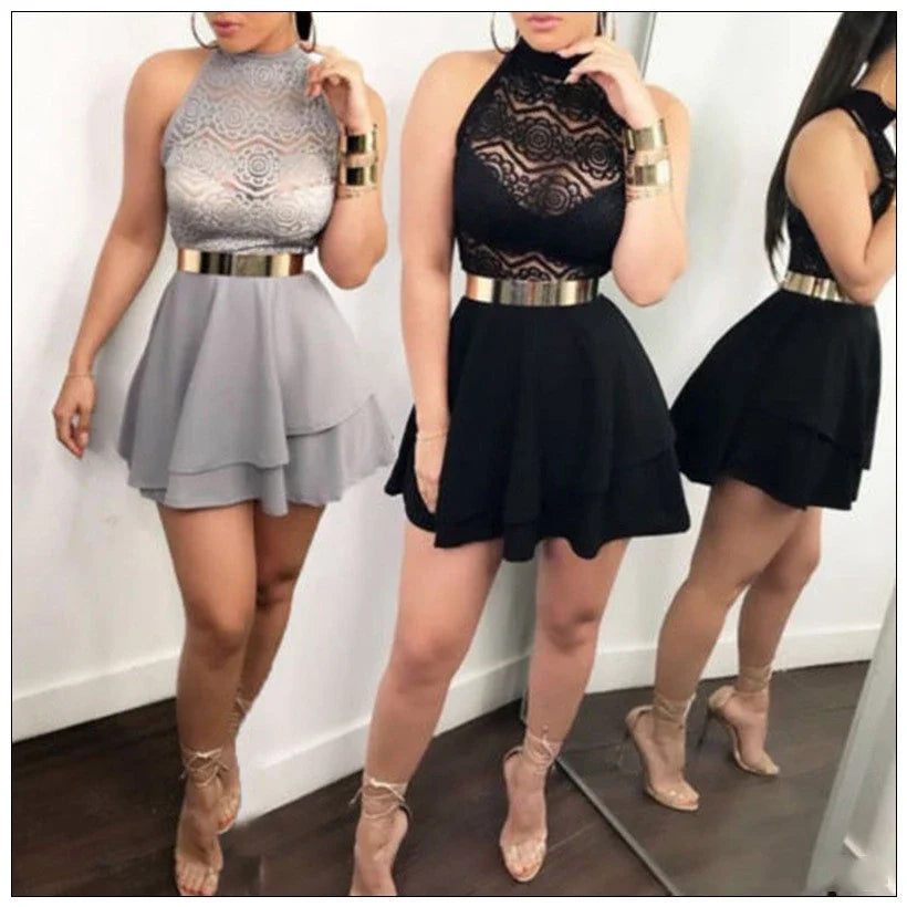 Elegant short mini party dress in black with high neck and A-line silhouette