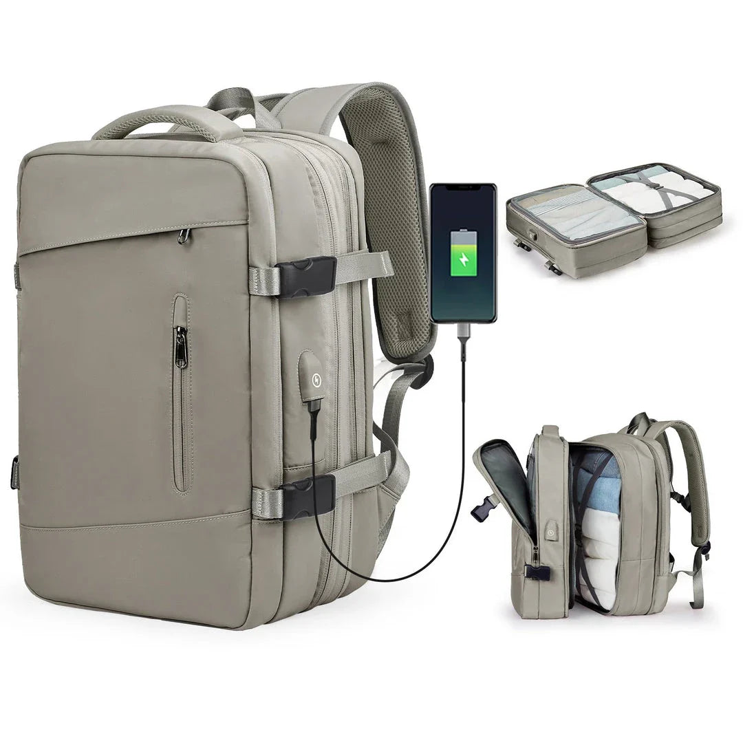 Expandable travel laptop backpack with multiple compartments and water-resistant nylon construction