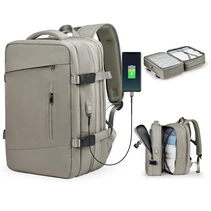Expandable travel laptop backpack with multiple compartments and water-resistant nylon construction