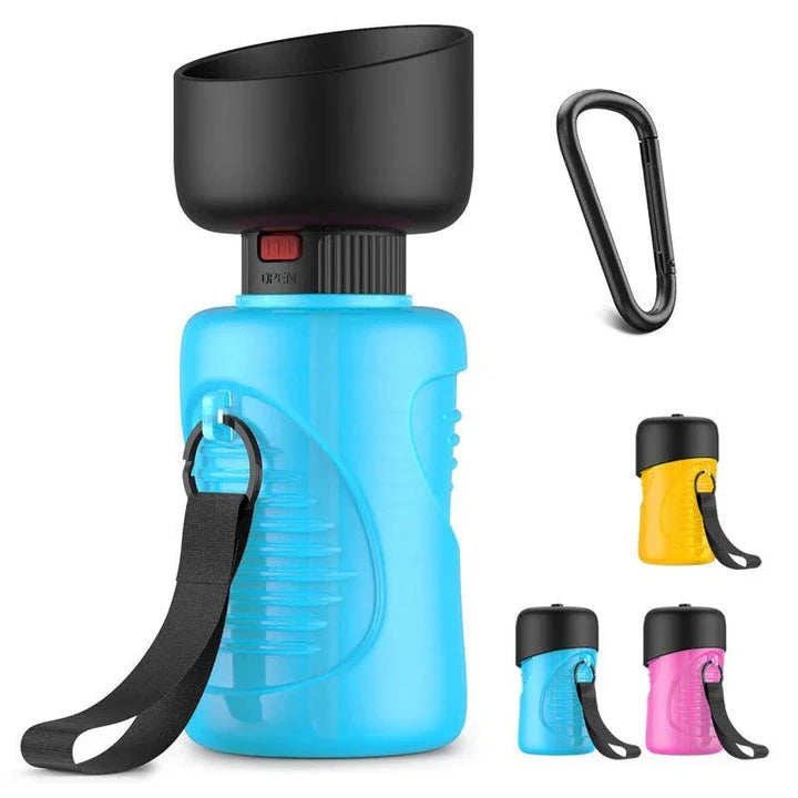 Portable dog water bottle with foldable drinking cup, made of durable, BPA-free plastic for convenient on-the-go hydration