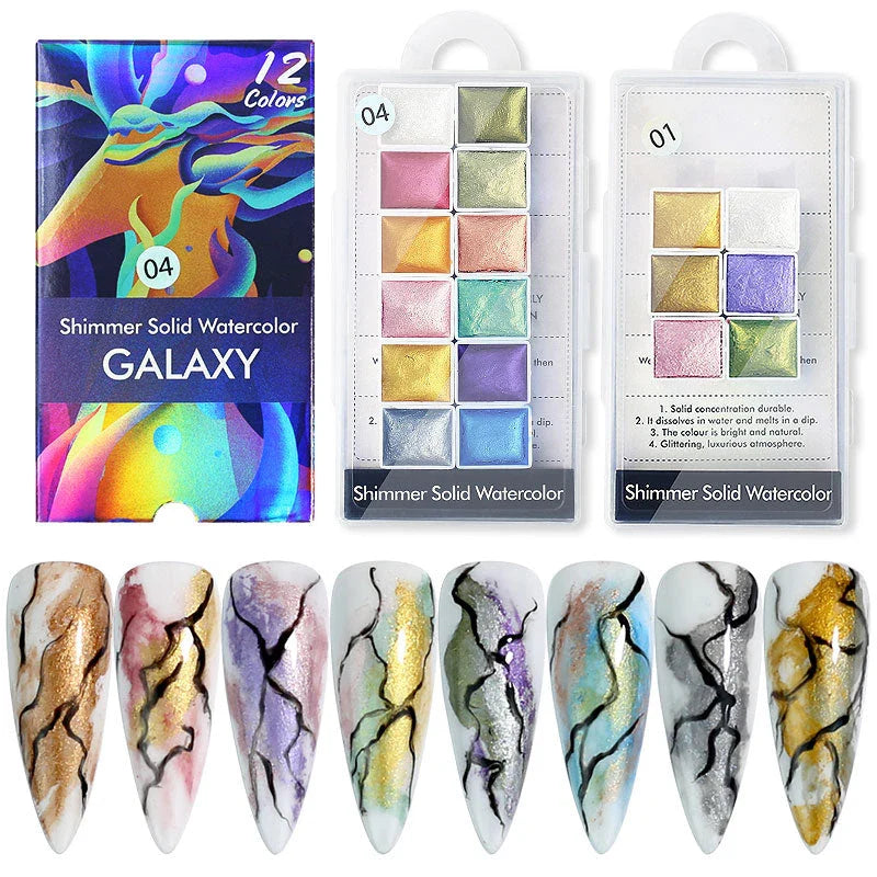 Dazzling watercolour nail art powder with iridescent, metallic, and glitter effects for creating vibrant, salon-quality nail designs