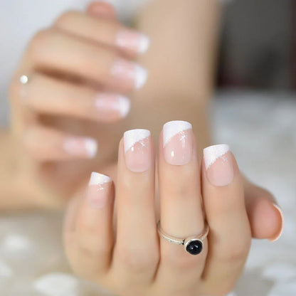 Iridescent white glitter short square French nail tips for a dazzling manicure