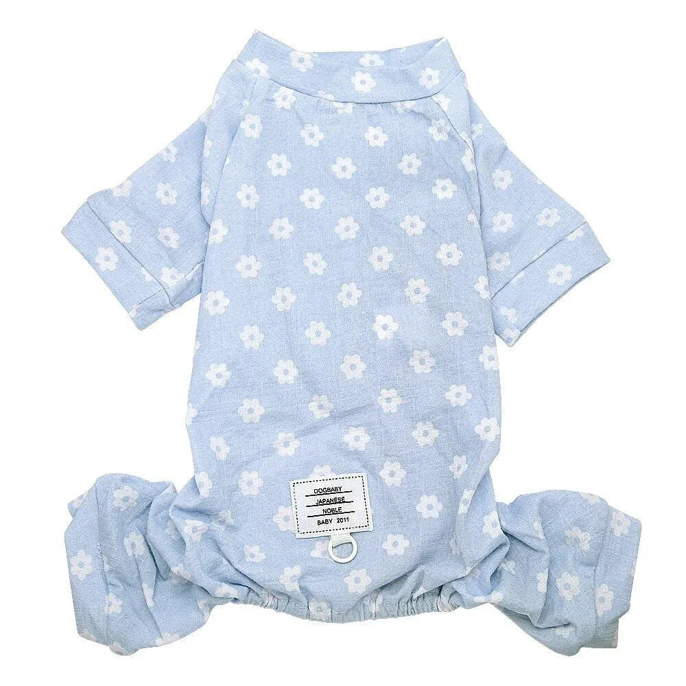 Floral dog jumpsuit in blue and pink colours, made from 100% soft cotton for comfort and style.