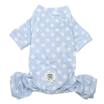 Floral dog jumpsuit in blue and pink colours, made from 100% soft cotton for comfort and style.