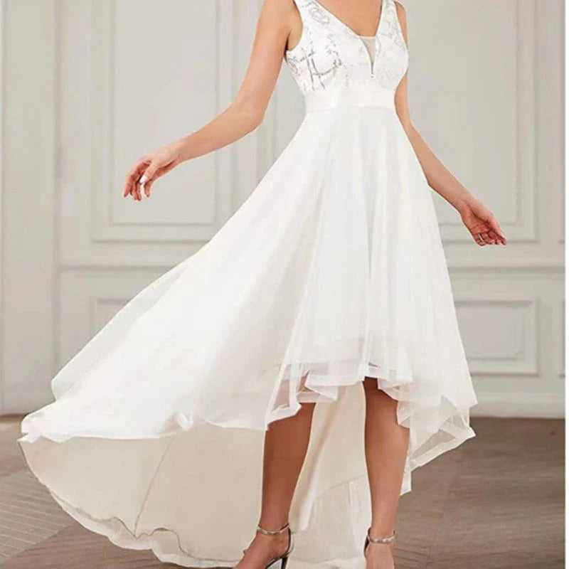 Elegant sequin gauze bridesmaid prom dress in a variety of sophisticated colours, featuring a flattering mid-length silhouette and sleeveless design with shoulder straps