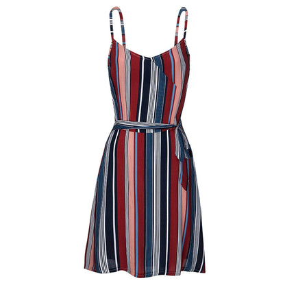 Striped large suspender dress made of premium cotton, featuring a high-waist design and open back with bow detail