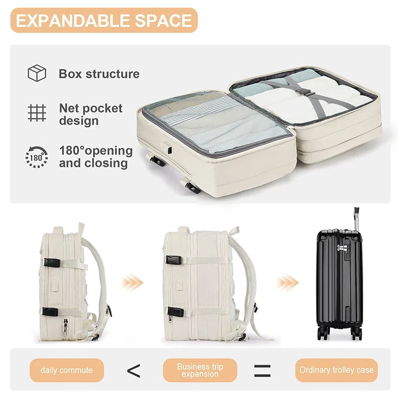 Expandable travel laptop backpack with multiple compartments and water-resistant nylon construction