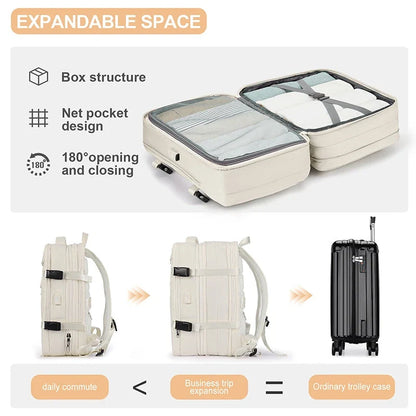 Expandable travel laptop backpack with multiple compartments and water-resistant nylon construction
