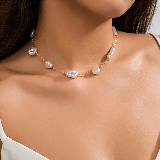 Elegant Pearl Clavicle Chain Necklace with round big pearl beads, alloy, and rhinestone elements