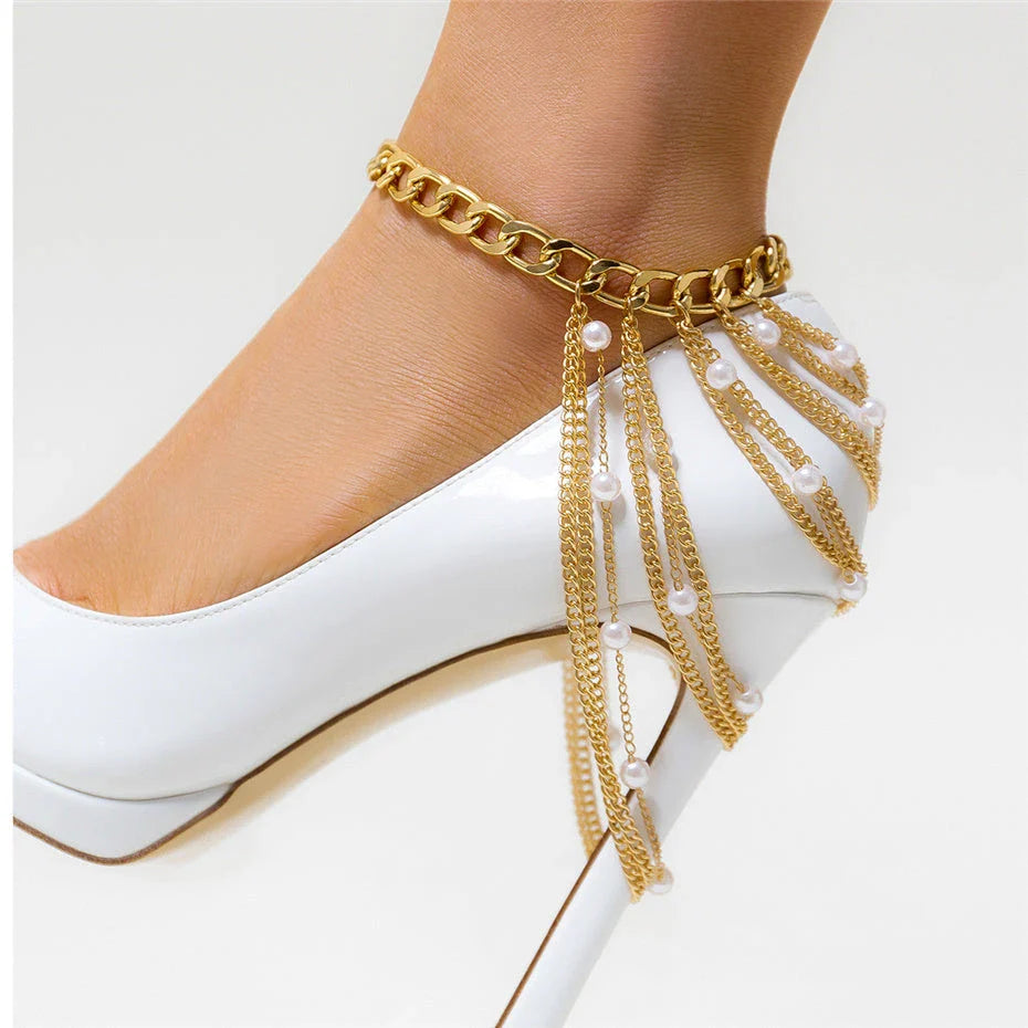 Elegant gold boho chic tassel and pearl anklet for women
