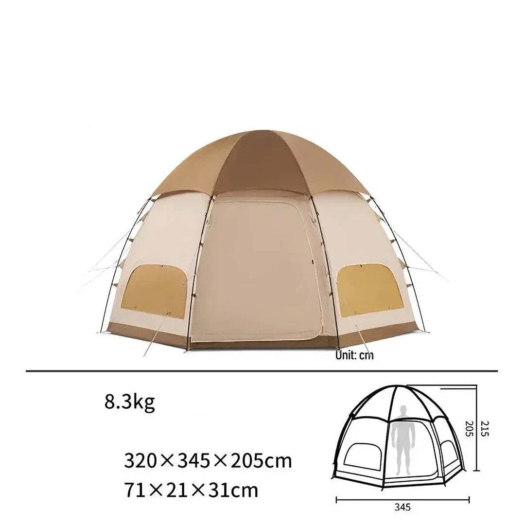 Spacious octagonal camping tent with multiple windows and a distinctive mushroom-shaped design