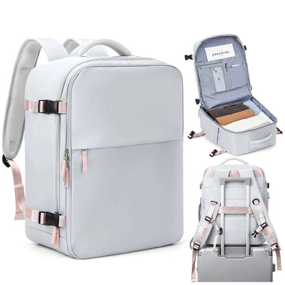 Compact and versatile women's travel backpack with airline-approved dimensions, convertible design, and secure storage for electronics