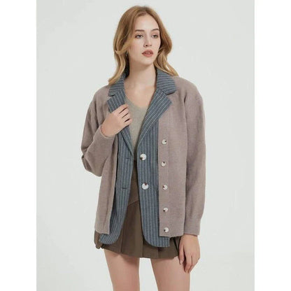 Coveted Autumn Patchwork Knit Cardigan in Khaki, featuring a unique patchwork design and classic turn-down collar