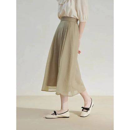 Elegant high-waist a-line midi skirt in a solid, vibrant colour for professional and social wear