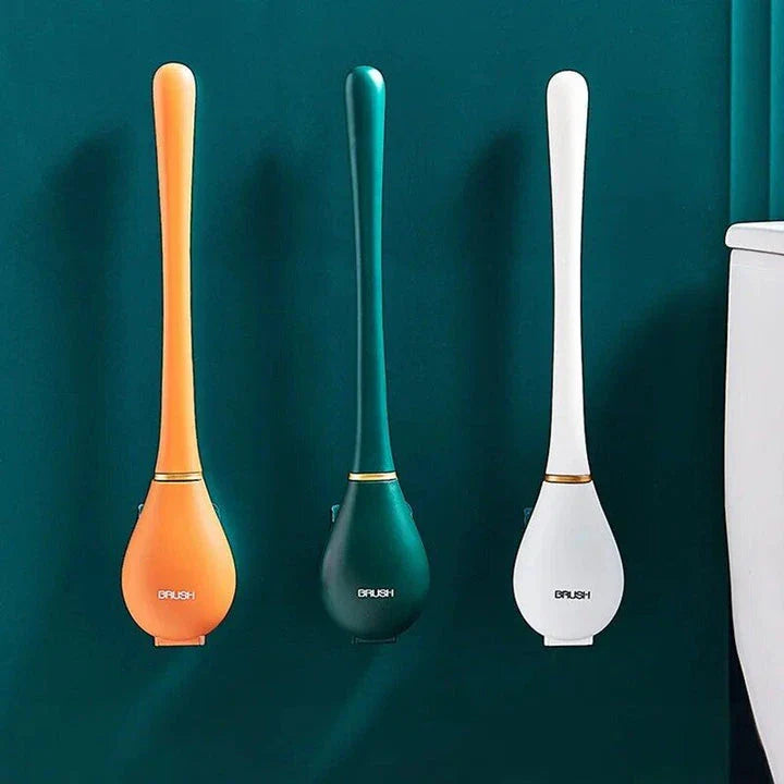 A modern long-handled silicone toilet brush with a sleek wall-mounted holder, perfect for efficient and hygienic bathroom cleaning.