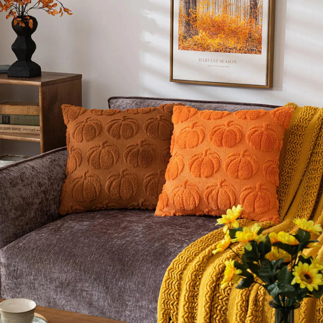 Cosy brown pumpkin-themed cushion cover for autumn home decor