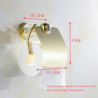 Elegant gold brass toilet roll holder with crystal decorations for a luxurious bathroom accessory