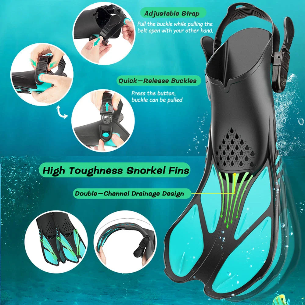 Adjustable open-heel snorkel fins with durable, lightweight construction and non-slip design for enhanced comfort and safety during underwater exploration