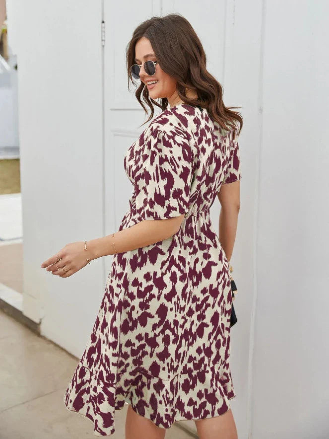 Elegant V-Neck Short Sleeve Printed Dress in Rose Red, Brown, and Black colours
