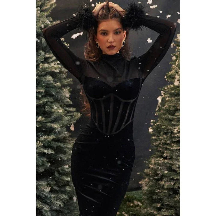 Elegant feather-trimmed backless bodycon midi dress in a shimmering black colour