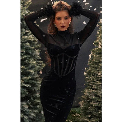 Elegant feather-trimmed backless bodycon midi dress in a shimmering black colour