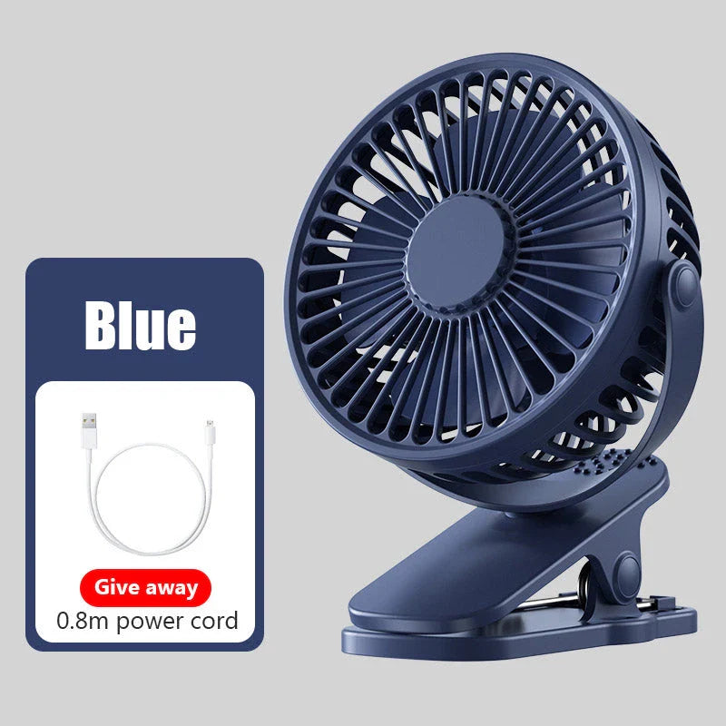 Portable Mini Hand Clip Fan with adjustable wind speed, 360° rotation, and USB rechargeable design for instant cooling relief