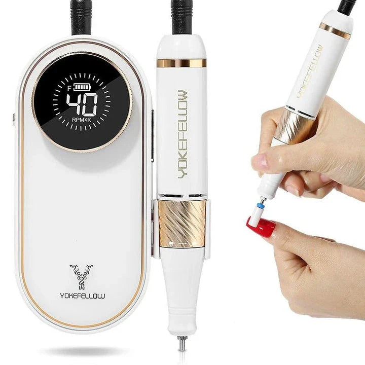 Cordless electric nail drill with 40,000 RPM motor, rechargeable battery, and HD display for professional-quality nail care