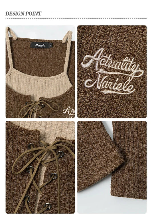 Elegant and cosy embroidered knit cardigan in grey and coffee colours, featuring long sleeves and a slim fit silhouette for stylish British women