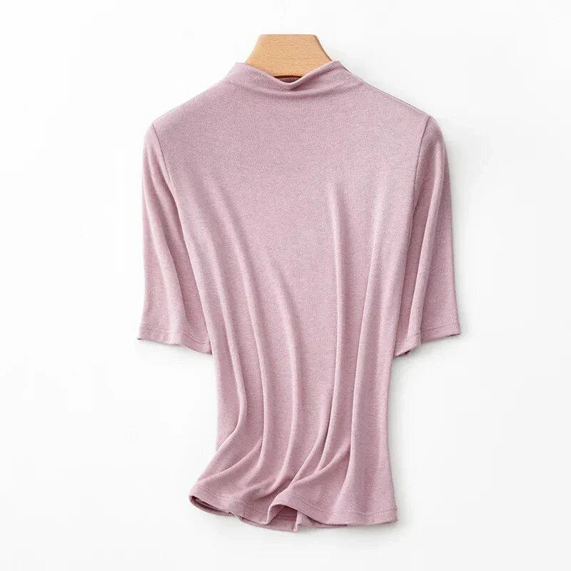 Women's Mock Neck Wool Blend T-Shirt in Pink - Elegant and Comfortable British-Inspired Design