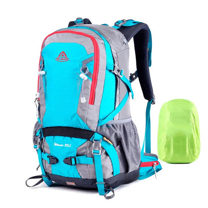 Durable outdoor climbing backpack with integrated raincover, featuring waterproof nylon construction, adjustable straps, and multiple storage compartments.