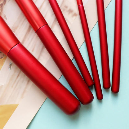 Premium 6-Piece Natural Goat Hair Makeup Brush Set with Red-Coated Solid Wood Handles, Nylon Pouch, and Air Puff