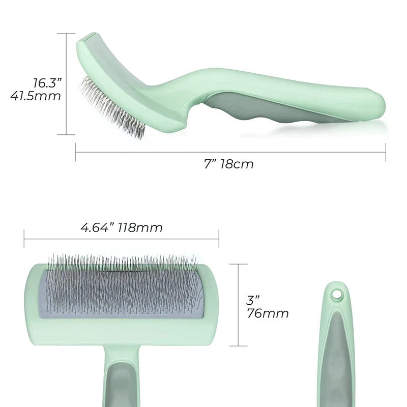Professional Pet Slicker Brush with 135° angled steel needles, curved brush plate, and non-slip ergonomic handle