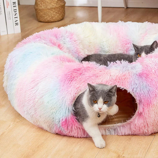 Cosy grey cat tunnel bed with plush cushion, providing a multifunctional and foldable retreat for indoor cats