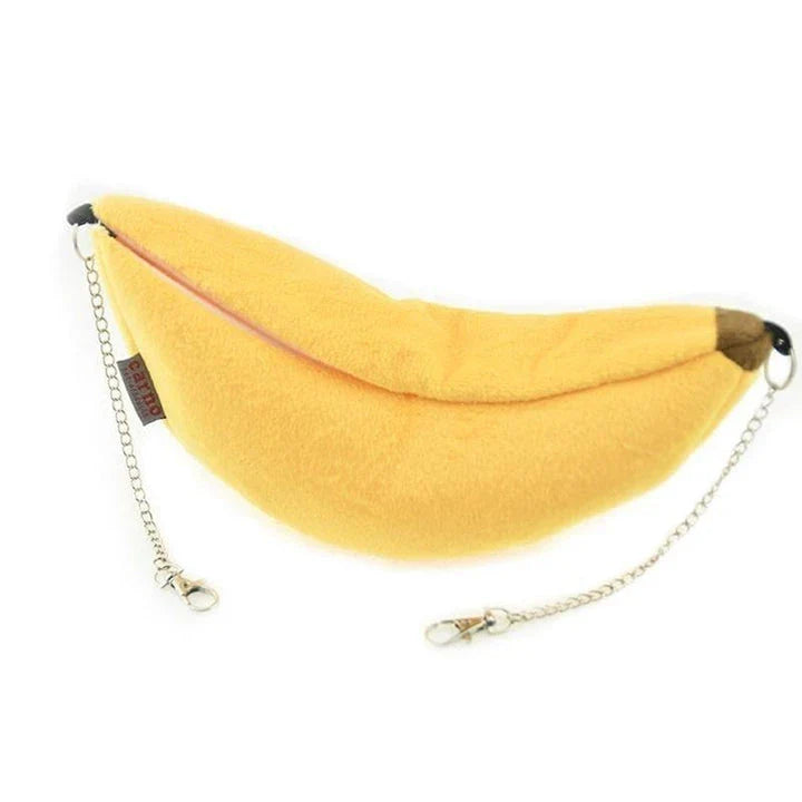 Cosy banana-shaped plush and fleece pet hammock in various vibrant colours for small animals like cats and rabbits