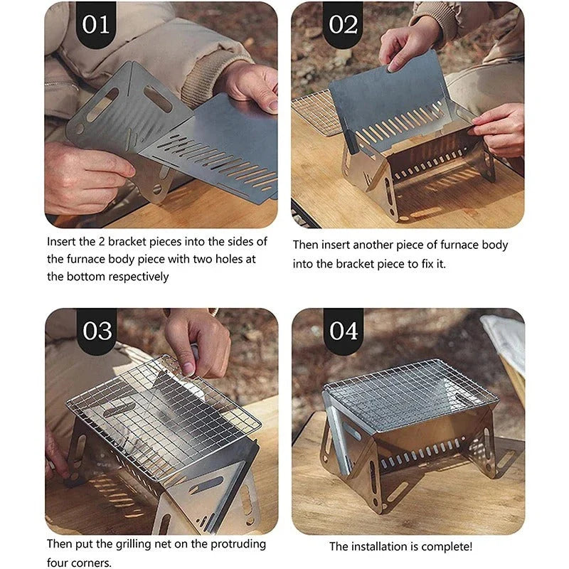 Compact stainless steel portable folding BBQ grill for outdoor cooking and camping