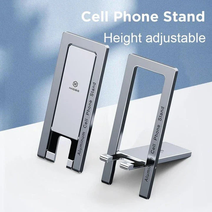 Adjustable metal phone stand in grey colour, foldable and portable for smartphones