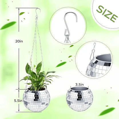 Decorative silver disco ball shaped hanging planter with reflective mirror accents for stylish indoor or outdoor decor