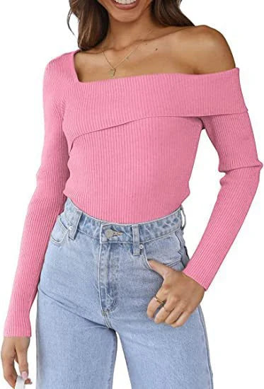Elegant off-shoulder knitted sweater in various autumn colours, perfect for the British season
