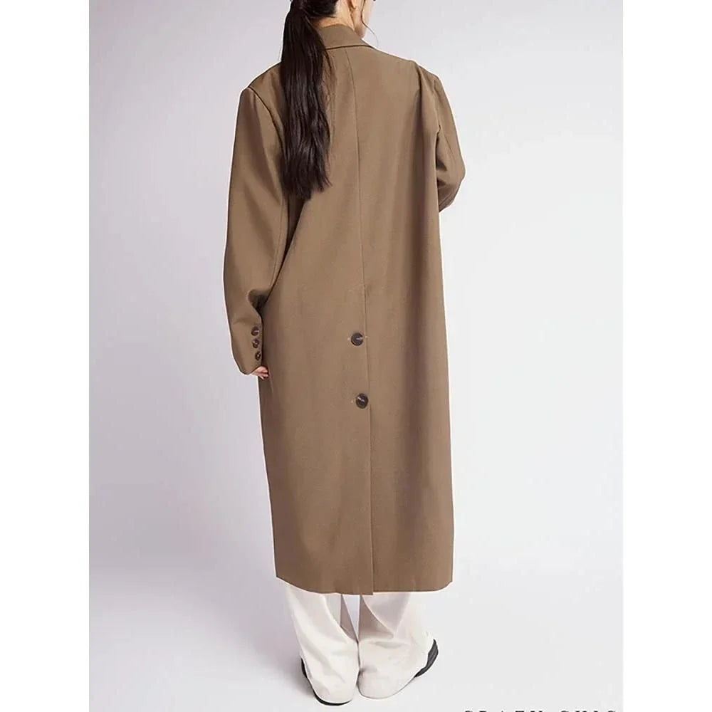 Elegant double-breasted coffee trench coat for women, featuring a wide-waisted design, turn-down collar, and full-length sleeves for a flattering and functional look.
