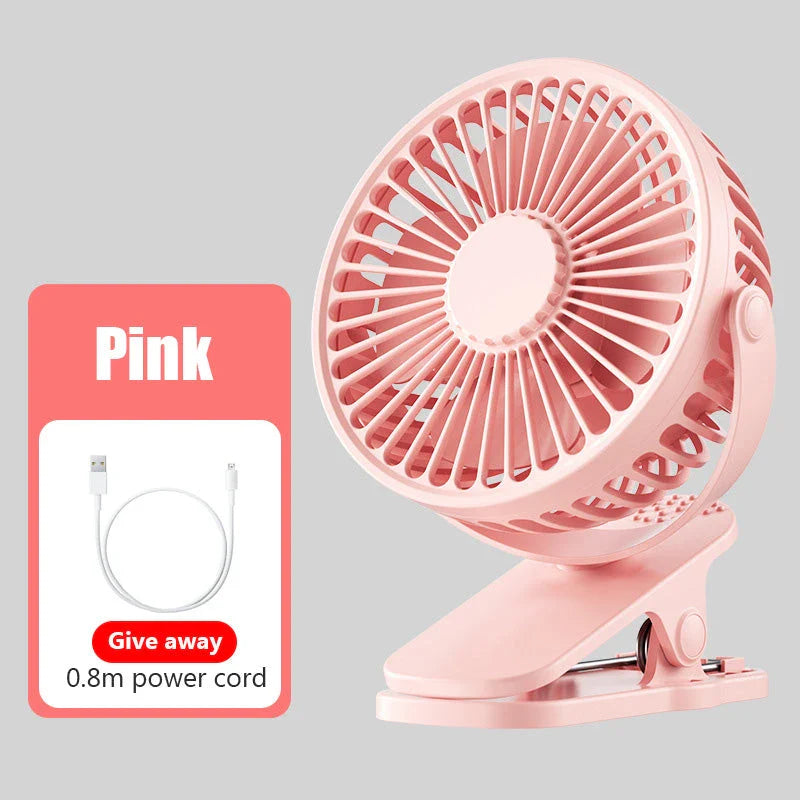 Portable Mini Hand Clip Fan with adjustable wind speed, 360° rotation, and USB rechargeable design for instant cooling relief