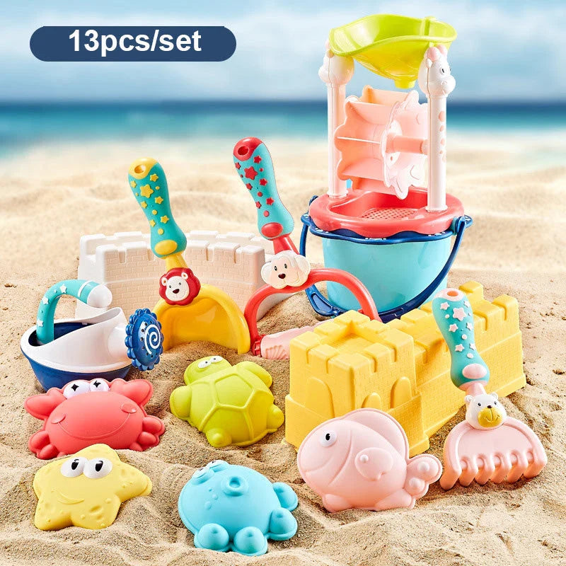 Colourful and vibrant baby beach toy set with shovels, sand moulds, and a convenient carry bag