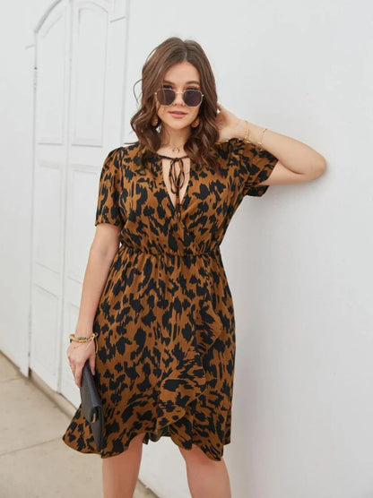 Elegant V-Neck Short Sleeve Printed Dress in Rose Red, Brown, and Black colours